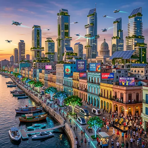 Futuristic Havana 2050: Advanced Transportation and Eco-friendly Skyscrapers