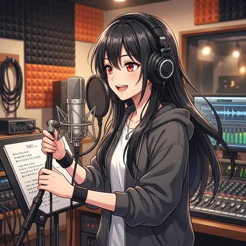 Anime Girl with Long Black Hair and Red Eyes in Studio