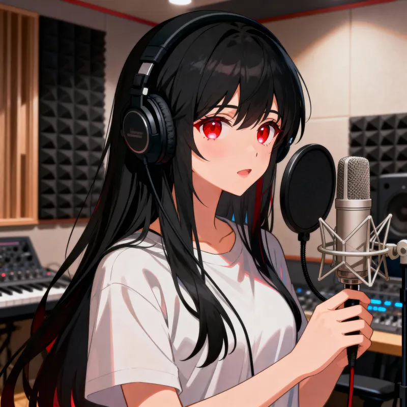 Anime Girl with Long Black Hair and Red Eyes in Studio
