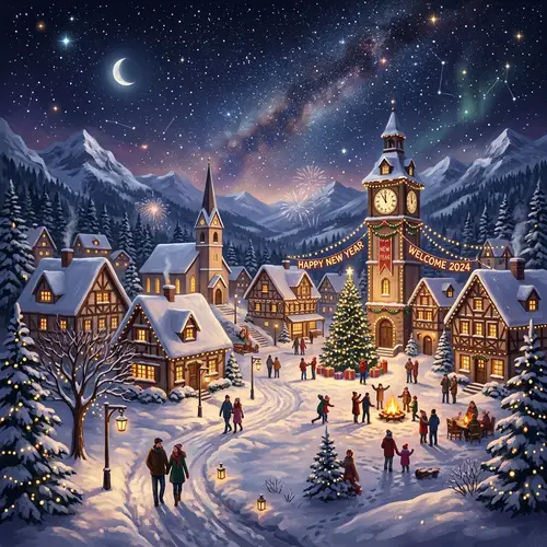 Enchanting Snowy Winter Night Starry Sky New Year Digital Painting