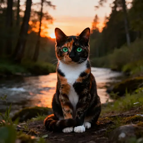 Stunning Tortoiseshell Cat in Forest at Sunset