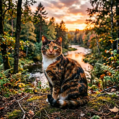 Stunning Tortoiseshell Cat in Forest at Sunset