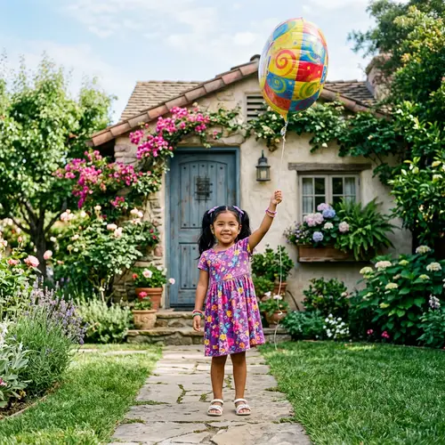 Hispanic Girl in Purple Dress with Balloon | Youthful Enthusiasm
