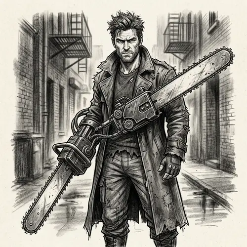 Monochromatic Chainsaw Character Drawing | Artwork in Grayscale Tones