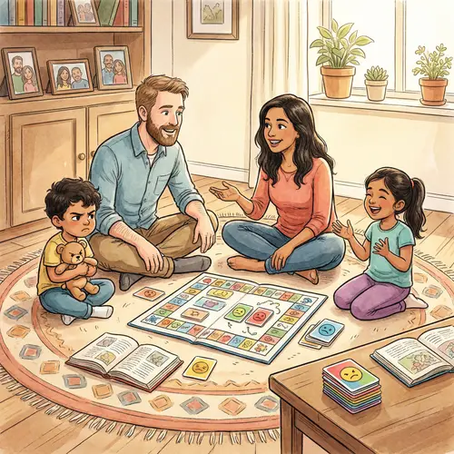 Family Emotional Management Activity in Cozy Living Room