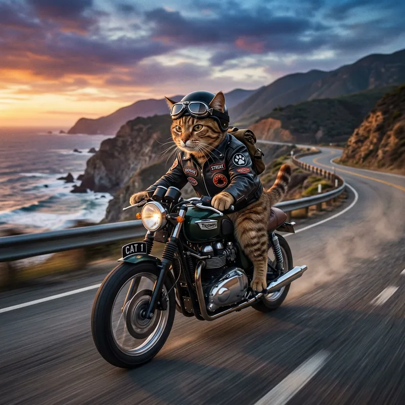 Cat Riding a Motorbike in Movie Style