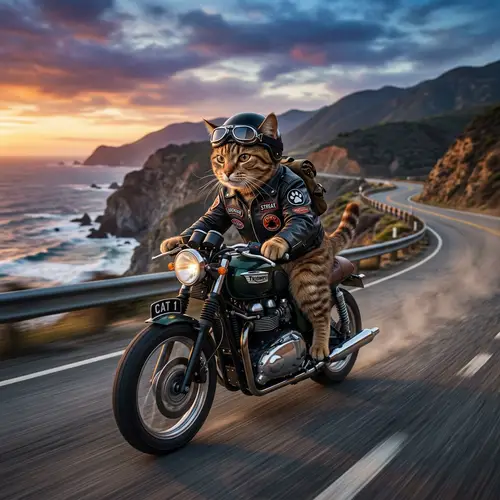 Cat Riding a Motorbike in Movie Style