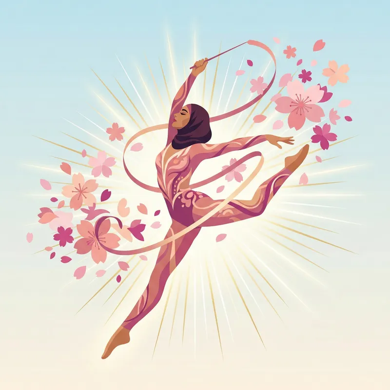 Elegant Rhythmic Gymnast in Jumping Pose Amid Pink Flowers