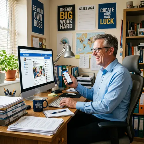 Joyous Self-Employed Man on Facebook | Home Office Scene