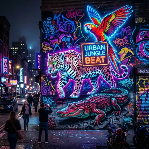 Vivid Neon Street Art with Jaguar, Macaw & Alligator