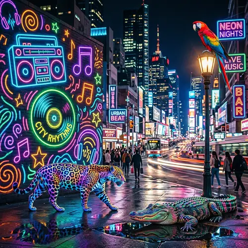Vibrant Cityscape: Modern Graffiti Neon Music & Animals