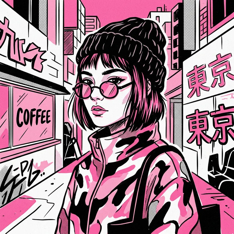 Artistic Illustration in Pink, Black, and White