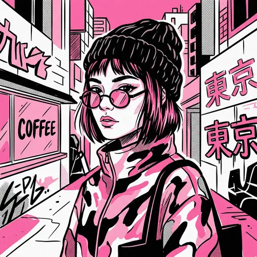 Artistic Illustration in Pink, Black, and White