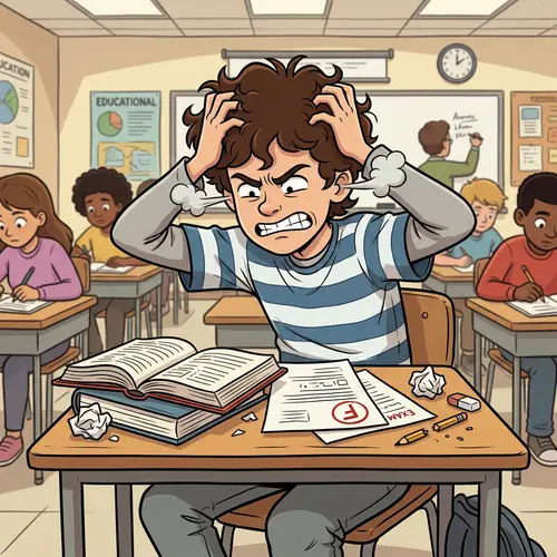 Frustrated Cartoon Student in School