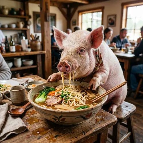 Pig Enjoying a Big Bowl of Noodles