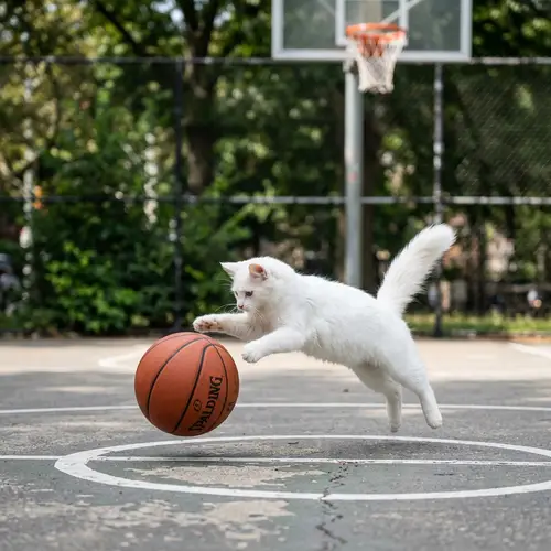 White Cat Playing Basketball - Cute and Funny Image