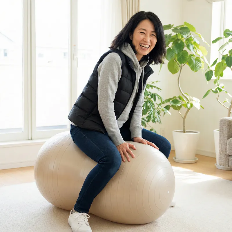 Confident Asian Girl in Grey Hoodie on Peanut Yoga Ball