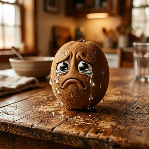 Chico Fruit Crying on Wooden Tabletop - Emotional Cartoon Character