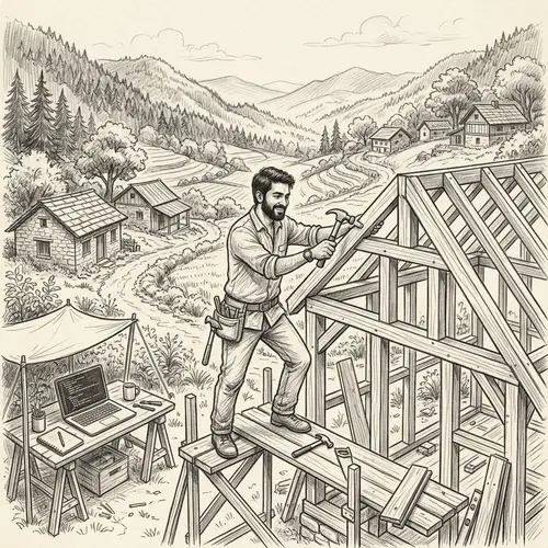 Programmer Man Building a House in a Serene Village Setting