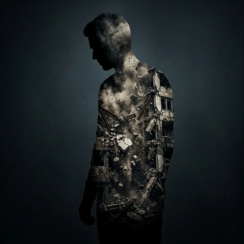 Human Silhouette with Crumbling Building Inside