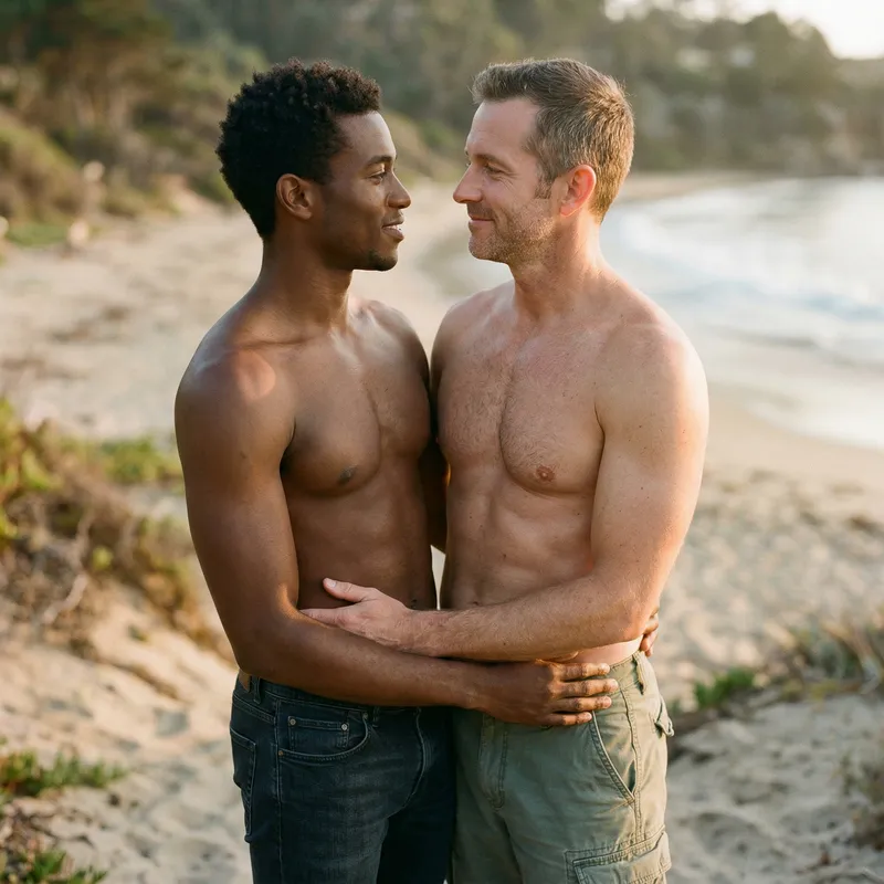 Romantic Shirtless Couple: Eye Contact & Connection