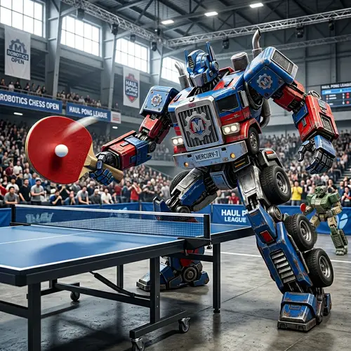 Blue and Red Robot Playing Table Tennis with Truck-Like Features