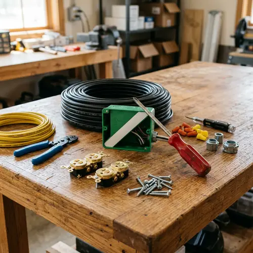 Electrical Materials Collection on Wooden Table