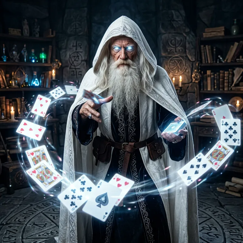 Mystical White Wizard with Hooded Cloak and Poker Card Magic Mystical White Wizard with Hooded Cloak and Poker Card Magic