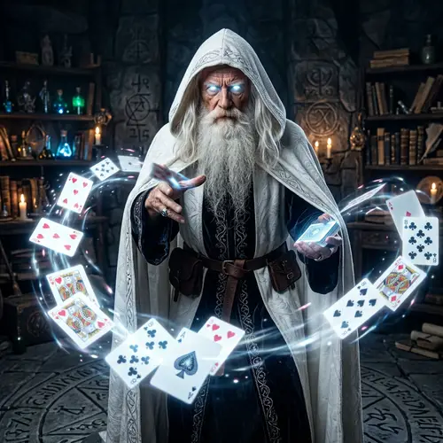 Elder Wizard with Luminescent Eyes and Poker Card Magic