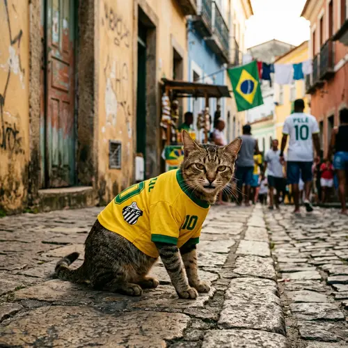 Playful Cat in Brazilian Football Jersey | Vintage Film Style