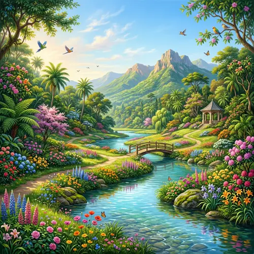 Tranquil Paradise: Lush Greenery, Vibrant Flowers, Clear Blue Sky