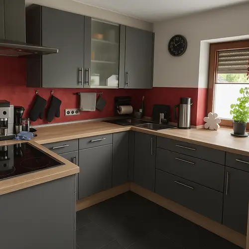 Stylish Wood Effect Countertops & Grey Cabinets