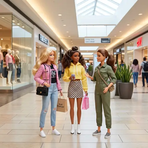 Three Barbie Dolls Having Fun at the Mall