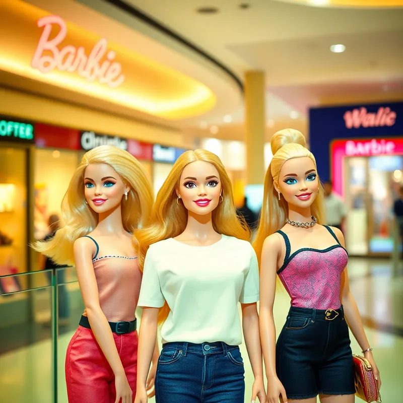 Three Barbie Dolls Having Fun at the Mall