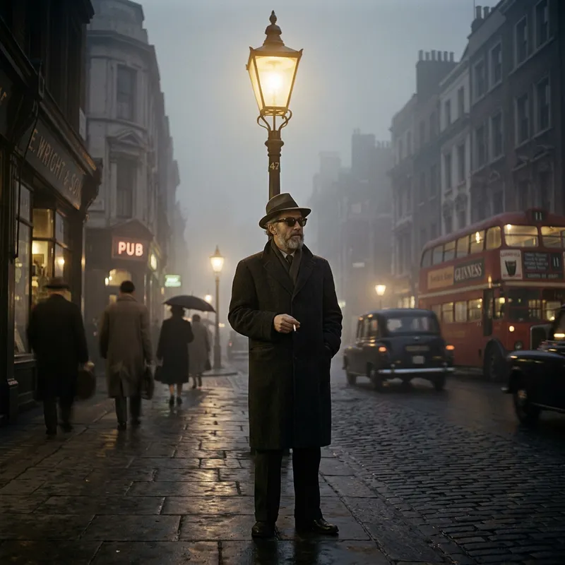 Mysterious 1950s London Street | Bearded Man Foggy Close-Up