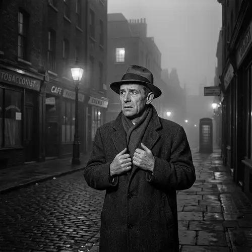 Anxious 1950s Caucasian Man in London Fog