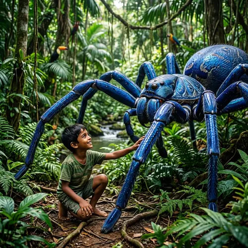 Gigantic Sapphire Spider Interacting with South Asian Boy in Rainforest