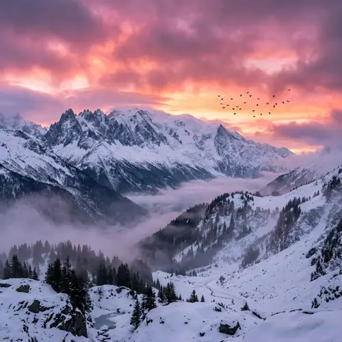 Misty Snow-Covered Mountains at Dawn