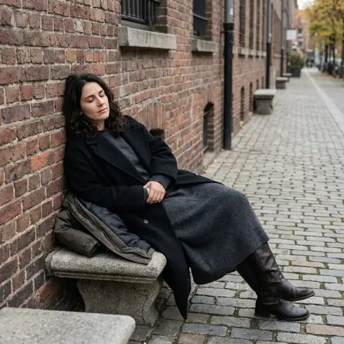 Woman in Grey Dress and Black Coat Lying by Building