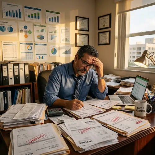 Stressed Hispanic Accountant Managing Unpaid Bills and Financial Analytics