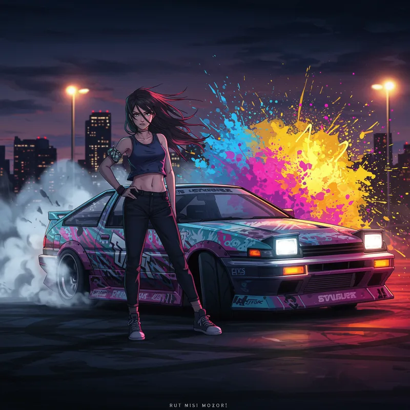 Dynamic Anime Girl with Drifting Sports Car Dynamic Anime Girl with Drifting Sports Car