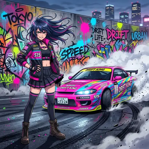Dynamic Anime Girl with Drifting Sports Car