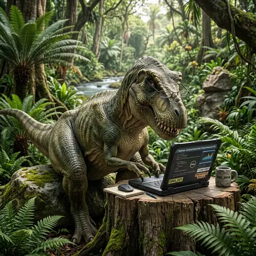 T-Rex with Laptop: The Ultimate Tech Dino