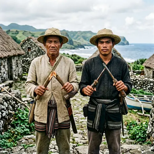 Ivatan Men Holding Broken Tools | Traditional Attire