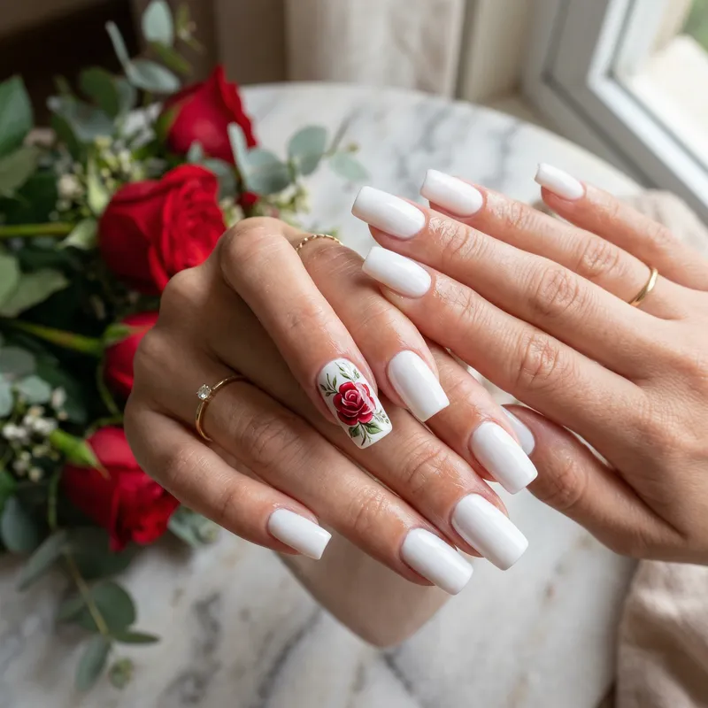 Square Acrylic Nails with Red Rose Design