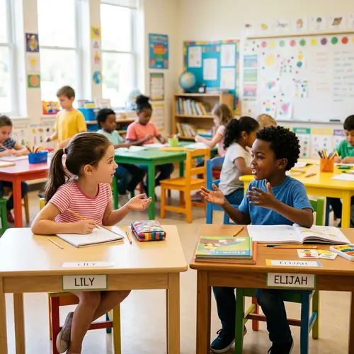 Young Girl and Boy Engage in Dynamic Conversation | Educational Scene