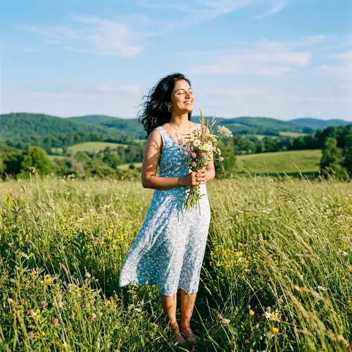 Serene South-Asian Woman in Blue Dress Enjoying Nature