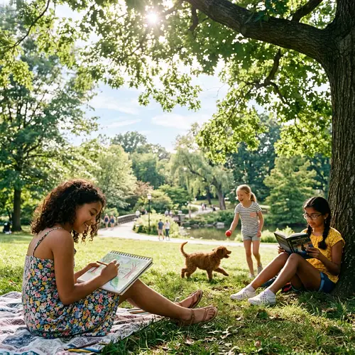 Park Scenes with Diverse Girls: Sketching, Reading, Playing