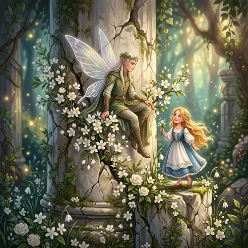 Enchanting Illustration of Blooming White Flowers with Elf Prince and Thumbelina