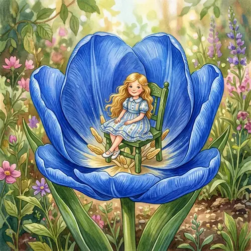 Vibrant Blue Tulip with Miniature Girl Illustration